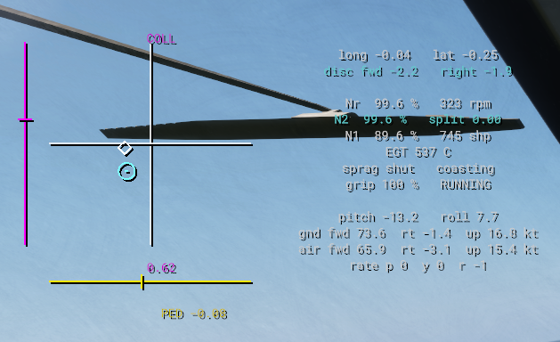 The RFM HUD in flight: stick, collective and pedal positions, disc tilt, and rotor, engine and motion readouts.