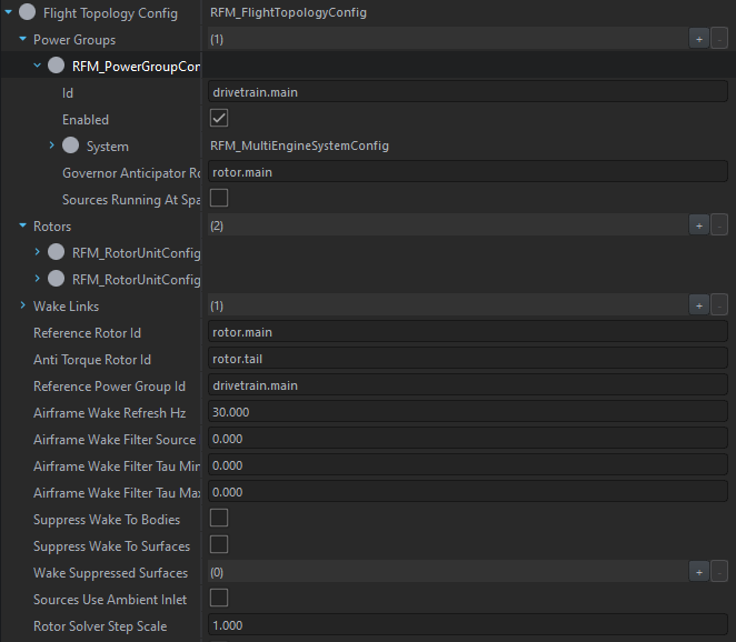 A Flight Topology Config in the inspector: one power group, two rotor units and a wake link.